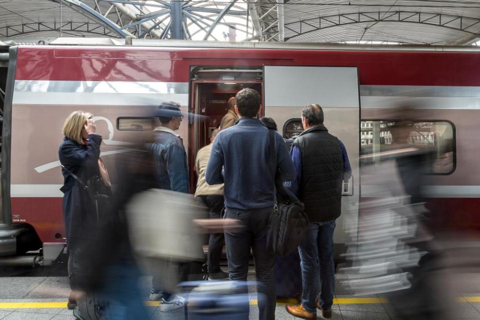 Passengers queue to board a Thalys train bound for Amsterdam-Central at Gare Du Midi station on 23 May 2023 in Brussels, Belgium.