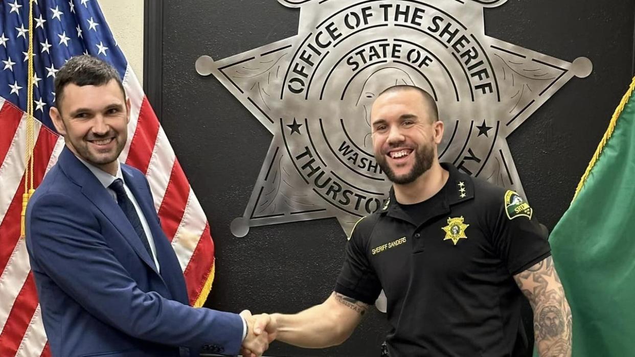 <div>Former Tacoma Police Officer Christopher Burbank is sworn in as a patrol deputy in Thurston County, Washington.</div> <strong>(Thurston County Sheriff's Office)</strong>