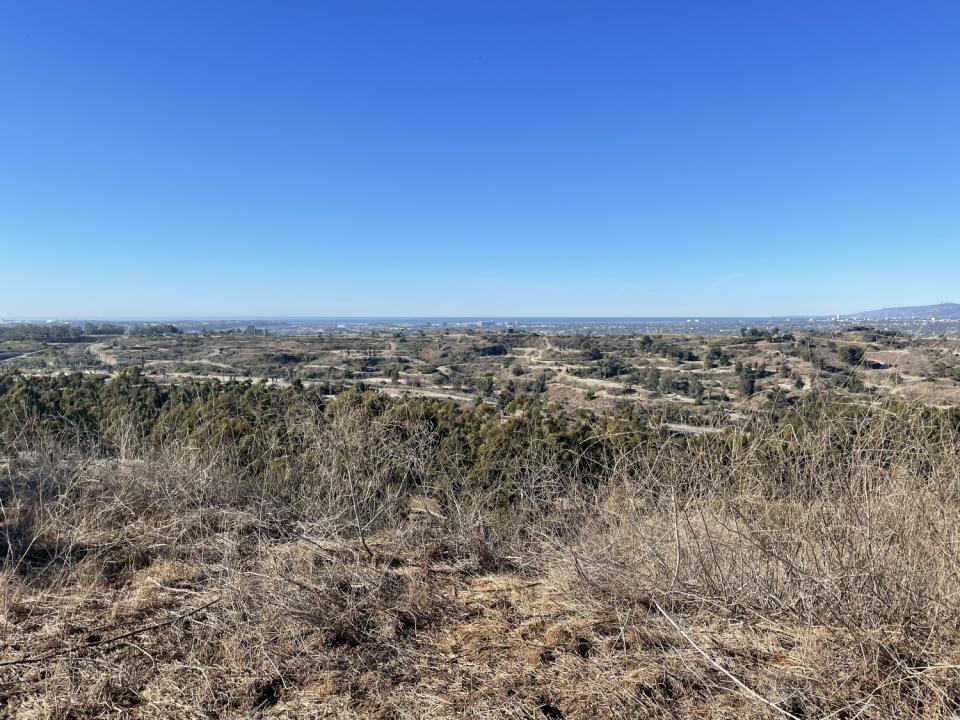 The view from Inspiration Point in Kenneth Hahn state park looks out on a dirt landscape dotted with oil pumps.