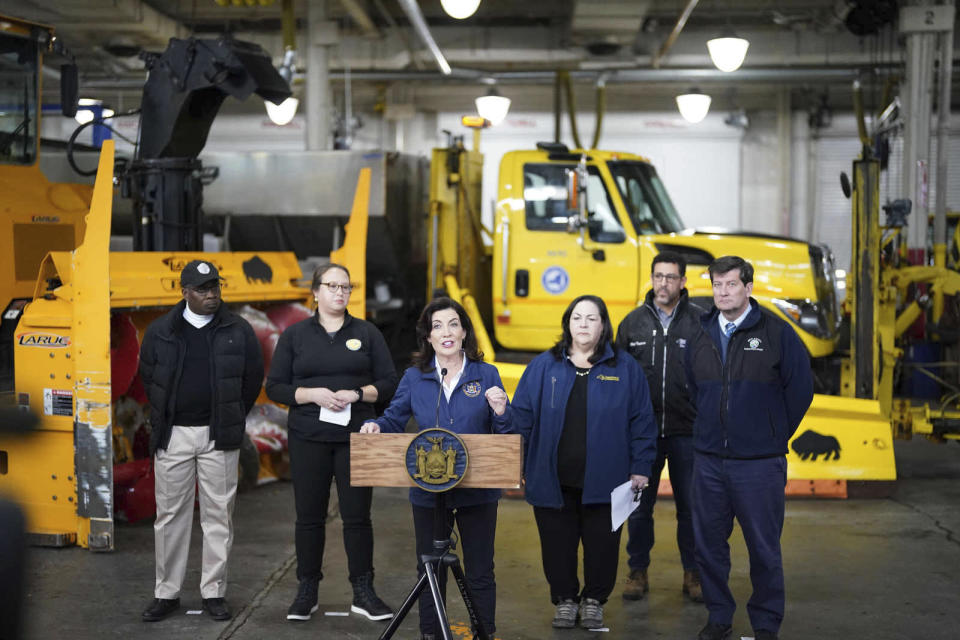 Gov. Kathy Hochul speaks during a briefing on preparations for the impending snowstorm that is expected to dump several feet of snow on the Western New York area beginning tonight at the New York State Thruway's Walden Garage in Cheektowaga, N.Y. on Thursday, Nov. 17, 2022. (Derek Gee/Buffalo News via AP)/The Buffalo News via AP)