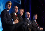 Democratic presidential hopefuls take part in the National Abortion and Reproductive Rights Action League reception and dinner, marking the 30th anniversary of the Supreme Court's Roe vs. Wade decision, at a hotel in Washington Tuesday, Jan. 21, 2003. From left: Sen. John Kerry, D-Mass., Vermont Gov. Howard Dean, Rep. Richard Gephardt, D-Mo., Sen. Joseph Leiberman, D-Conn, and Sen John Edwards, D-N.C. (AP Photo/Evan Vucci)
