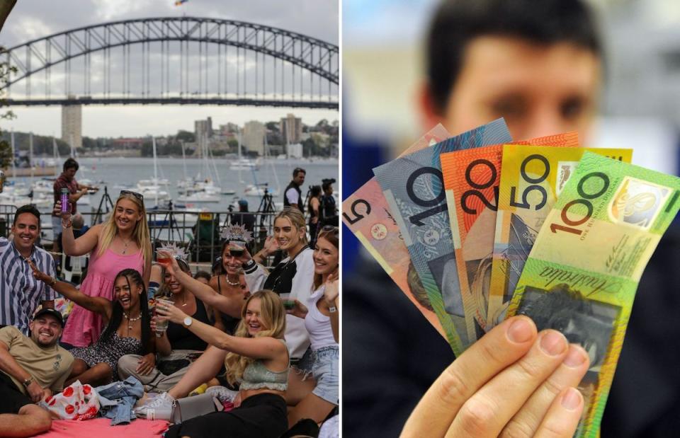 Compilation image of group of people drinking alcohol in Sydney and a hand fanning out Australian dollars money