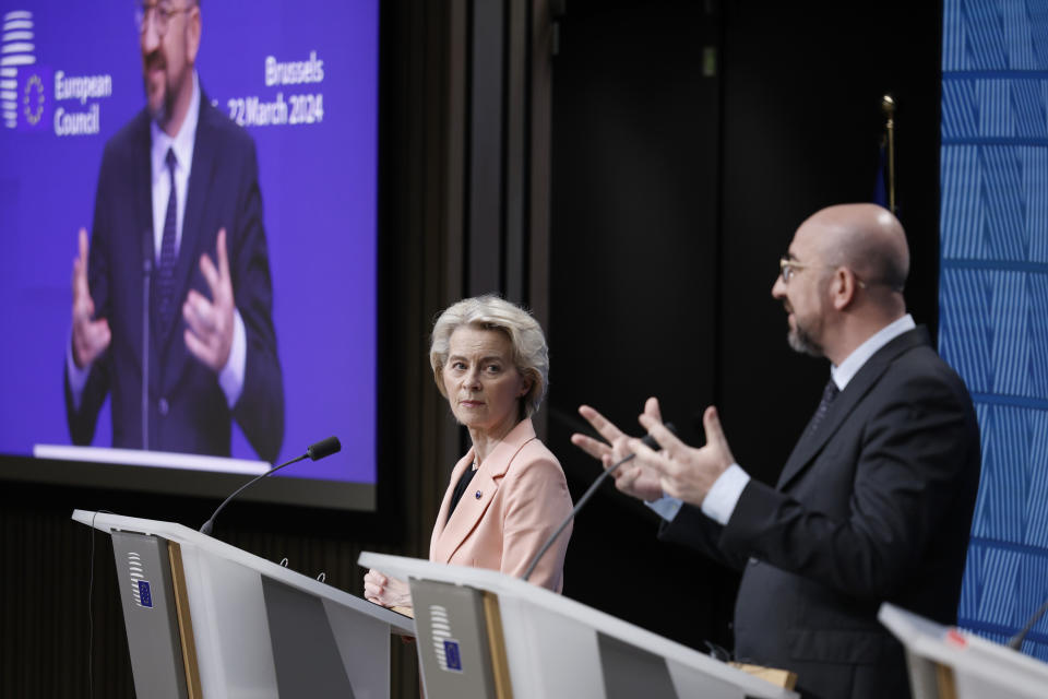 European Council President Charles Michel, right, and European Commission President Ursula von der Leyen address a media conference at an EU Summit in Brussels, Thursday, March 21, 2024. European Union leaders were urged Thursday to show the same respect for international law in Gaza as they aim to uphold in Ukraine, as hundreds of thousands of Palestinians face dire food shortages and possible famine. (AP Photo/Omar Havana)