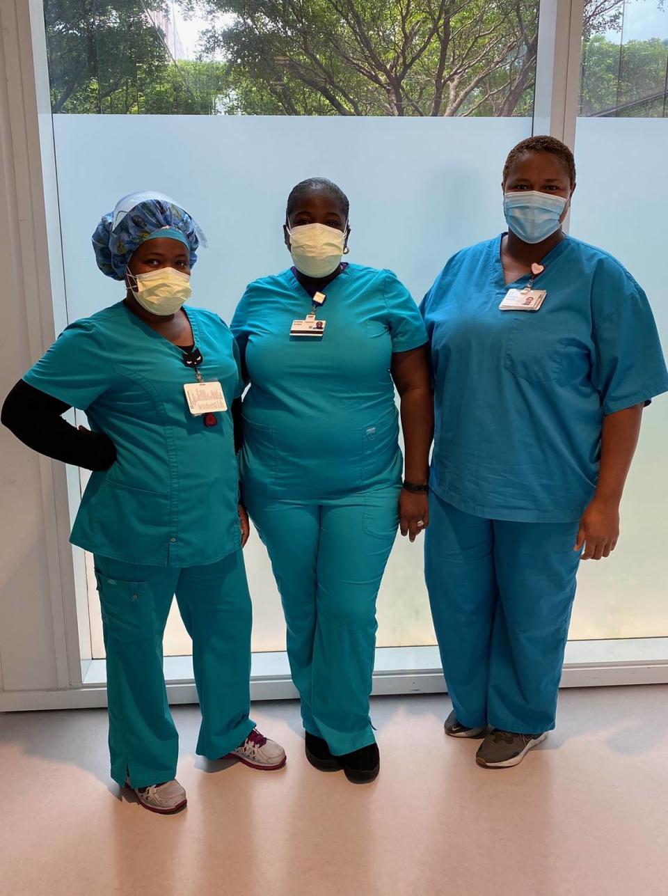 Medical assistants Keashia Fluker, Andrea Jordan and Georgiris Garbutt were instrumental in helping to get the COVID-19 testing tent running at Cleveland Clinic Weston.