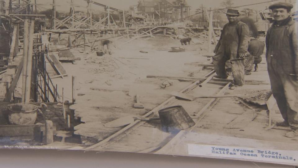 A Wallace Robinson MacAskill photo showing workers building the Young Avenue bridge in Halifax.