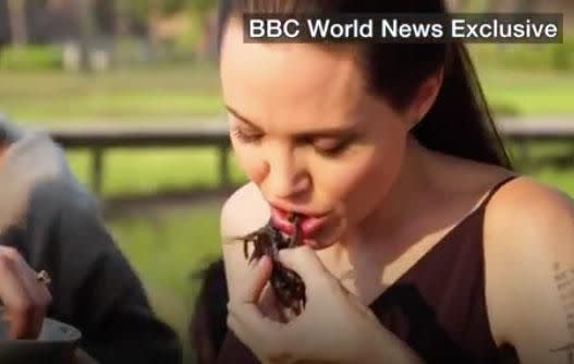 While in Cambodia for the premiere of hew new movie, <i>First They Killed My Father</i>, actress Angelina Jolie has been embracing the local culture, and that includes the regional delicacy, fried spiders. Source: BBC