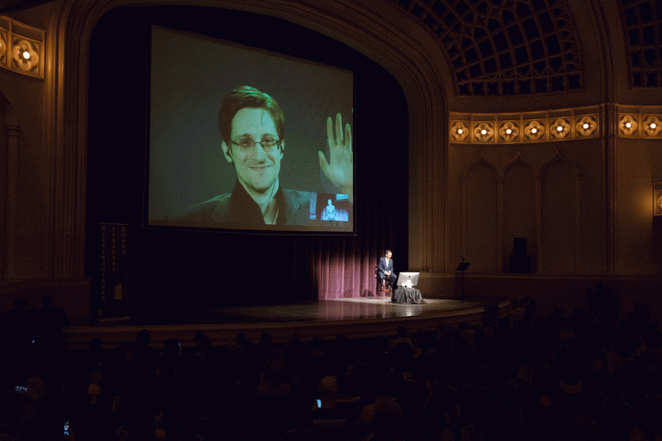 Snowden appearing with Suskind at the University of Colorado on February 16, 2016. Patrick Campbell/University of Colorado