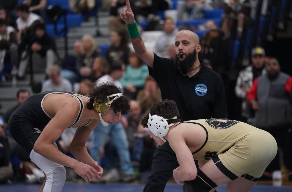 Nanuet's Ethan Badillo wrestles Clarkstown North's Ryan Ciardullo in the 138-pound championship match at the Rockland County Wrestling Championships at Suffern High School on Saturday, Jan. 20, 2024.
