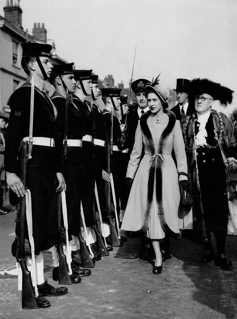 <p>Princess Margaret, with the Lord Mayor of Bristol, is greeted by the Cadet Guard of Honor on March 28, 1949 in Bristol.</p>