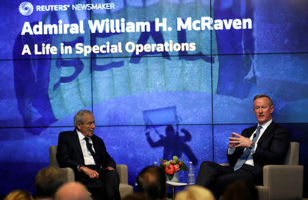 Retired U.S. Navy Admiral William McRaven (R), the former head of U.S. special operations who oversaw the raid on Osama bin Laden, speaks with Reuters Editor at Large Sir Harold Evans at a Reuters Newsmakers event in New York City, New York, U.S., May 22, 2019. REUTERS/Mike Segar