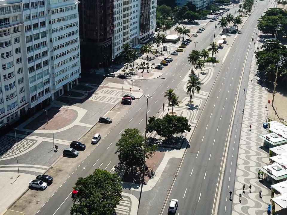 An aerial view of Copacabana beach amidst the coronavirus (COVID-19) pandemic on March 29, 2020 in Rio de Janeiro, Brazil.