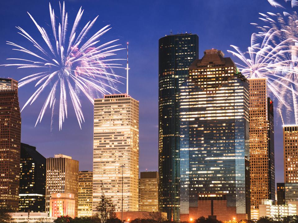 fireworks over the houston texas skyline