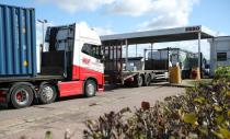 Lorries wait to refill at the Watling Street truck stop amid the fuel shortage in Flamstead, St Albans