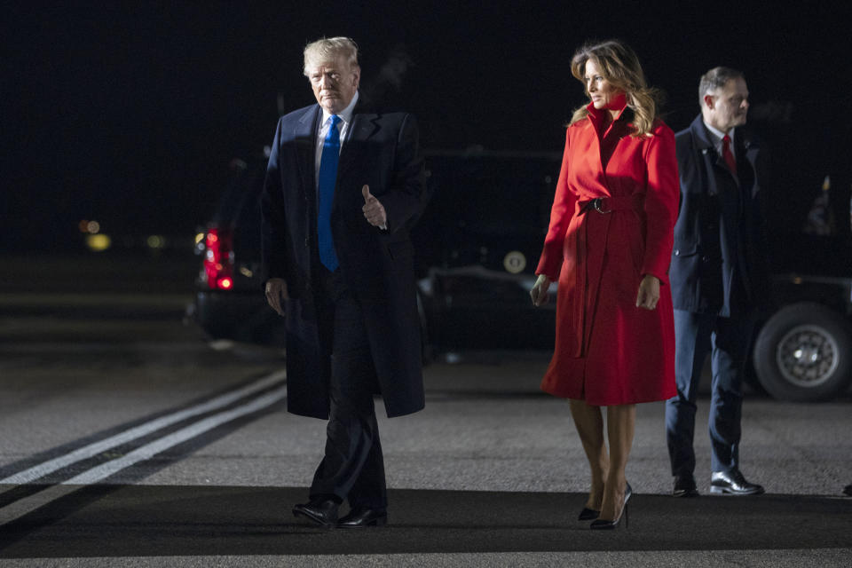 President Donald and first lady Melania Trump arrive at London Stansted Airport to attend the NATO summit, Monday, Dec. 2, 2019, in London. (AP Photo/ Evan Vucci)