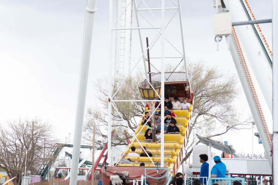 Riders enjoy the thrills on the Pirate Ship ride at the Wonderland Amusement Park in Amarillo in this April 2023 file photo. The park opens for the season on Saturday, offering a holiday getaway over Easter weekend.