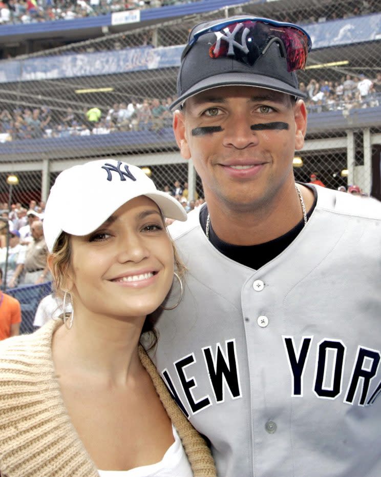 Jennifer Lopez and Alex Rodriguez at a Yankees vs. Mets Subway Series game in 2005.