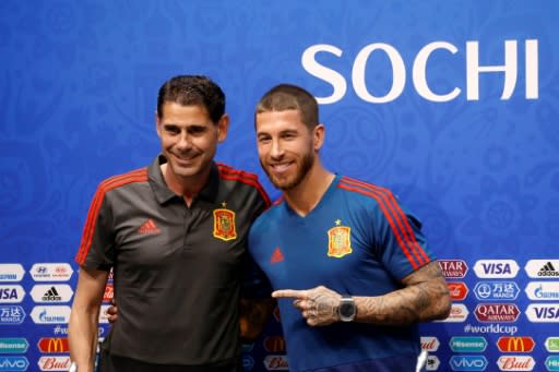 He's the man: Spain captain Sergio Ramos poses with new coach Fernando Hierro