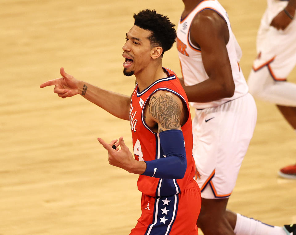 Mar 21, 2021; New York, New York, USA; Danny Green #14 of the Philadelphia 76ers celebrates his three point shot against the New York Knicks at Madison Square Garden on March 21, 2021 in New York City. Mandatory Credit: