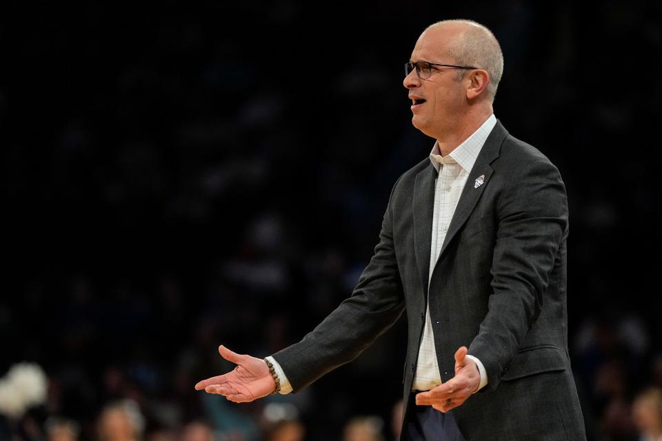 Connecticut Huskies head coach Dan Hurley reacts to an official’s call in the first half of the NCAA Big East Conference Tournament second round game between the Connecticut Huskies and the Xavier Musketeers at Madison Square Garden in New York City on Thursday, March 14, 2024.