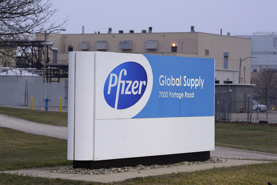 The Pfizer Global Supply Kalamazoo manufacturing plant is shown in Portage, Mich., Friday, Dec. 11, 2020. The U.S. gave the final go-ahead Friday to the nation’s first COVID-19 vaccine, marking what could be the beginning of the end of an outbreak that has killed nearly 300,000 Americans. (AP Photo/Paul Sancya)