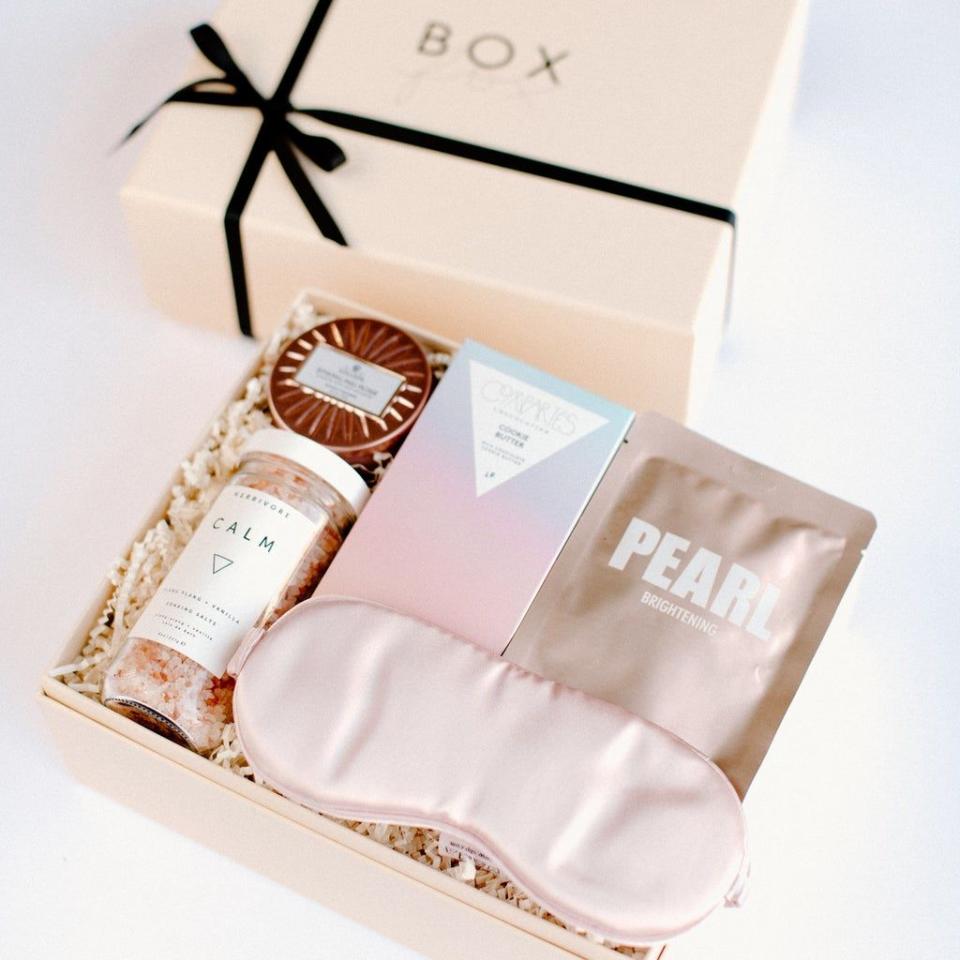 <p><strong>Box Fox </strong></p><p>shopboxfox.com</p><p><strong>$78.00</strong></p><p><a href="https://shopboxfox.com/collections/all/products/pamper-pink" rel="nofollow noopener" target="_blank" data-ylk="slk:Shop Now;elm:context_link;itc:0;sec:content-canvas" class="link ">Shop Now</a></p><p>Because the stress leading up to a wedding—even when you're not the bride—is super real, give her a little gift basket full of self-care items, like a sheet mask and soothing bath salts. </p>