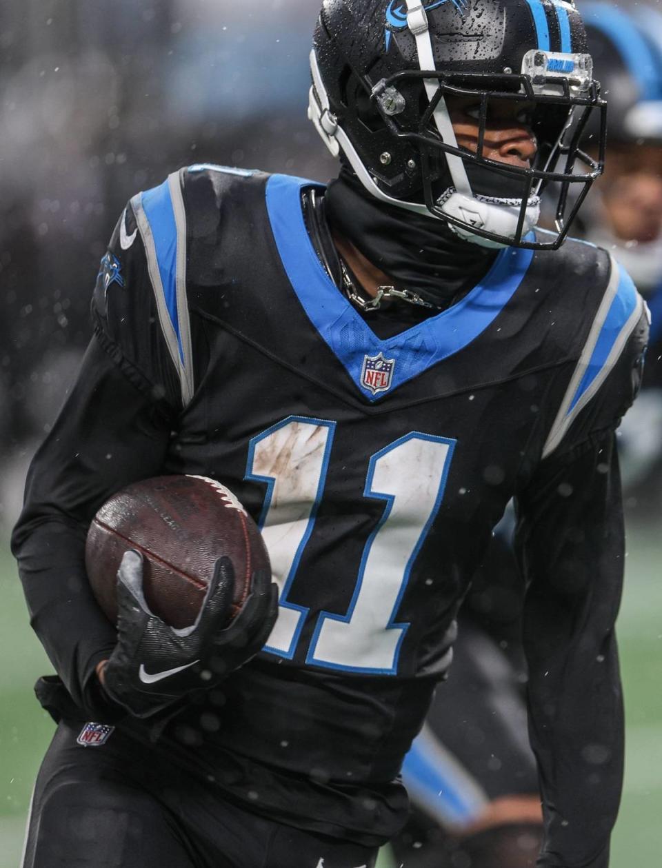 Panthers wide receiver Ihmir Smith-Marsette runs with the ball during the game at Bank of America Stadium on Sunday, December 16, 2023.