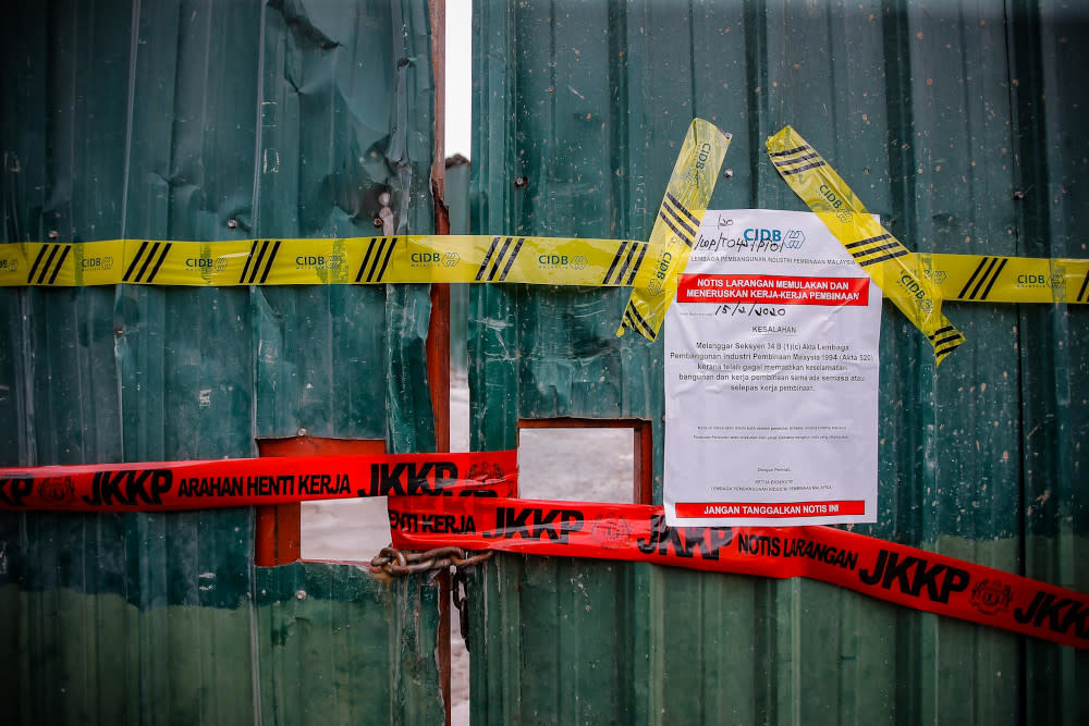 The stop work order notice at The Address condo in Taman Desa, Kuala Lumpur February 15, 2020. — Picture by Hari Anggara