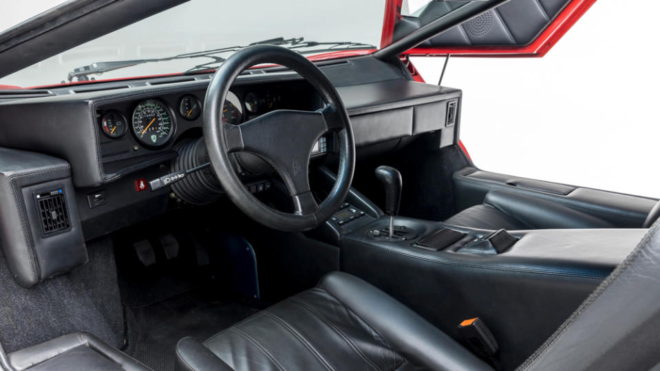 The interior of a 1989 Lamborghini Countach 25th Anniversary supercar.