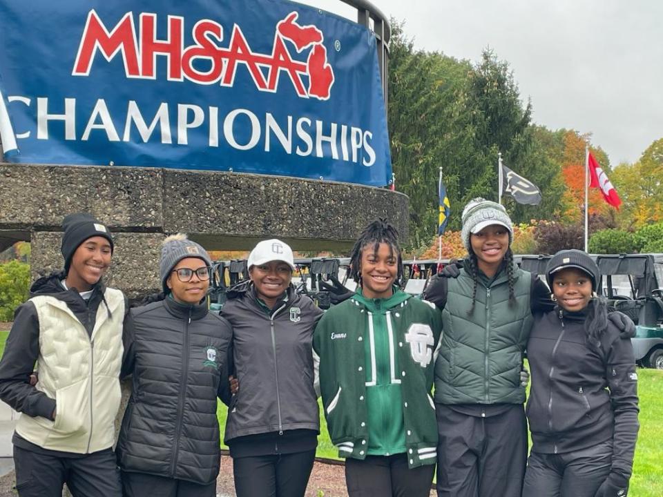 Members of the Cass Tech Varsity Women's Golf Team, including Sienna Hawkins, Sidney Lee, Kennedy Watts, Sydney Evans, Kalista Watts and Nyla Joseph, made history as the first girl's team from Detroit to make it to the state championship tournament.