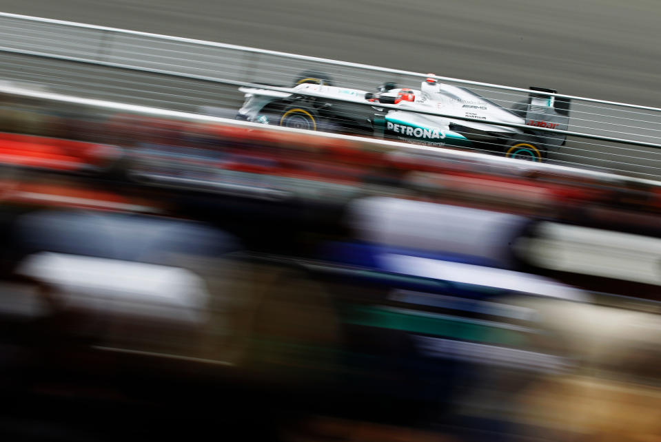 MONTREAL, CANADA - JUNE 08: Michael Schumacher of Germany and Mercedes GP drives during practice for the Canadian Formula One Grand Prix at the Circuit Gilles Villeneuve on June 8, 2012 in Montreal, Canada. (Photo by Paul Gilham/Getty Images)