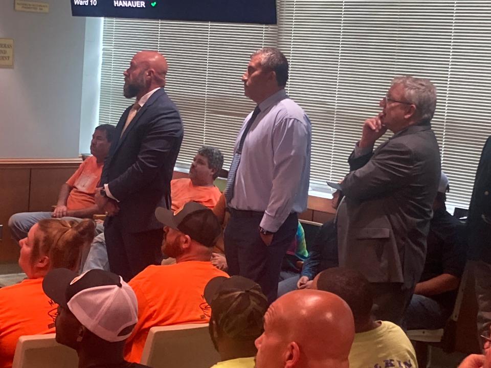 Laborers’ International Union of North America Local 477 business manager Brad Schaive, far left, listens to discussion on an ordinance regarding a Project Labor Agreement that the Springfield City Council would adopt Wednesday.