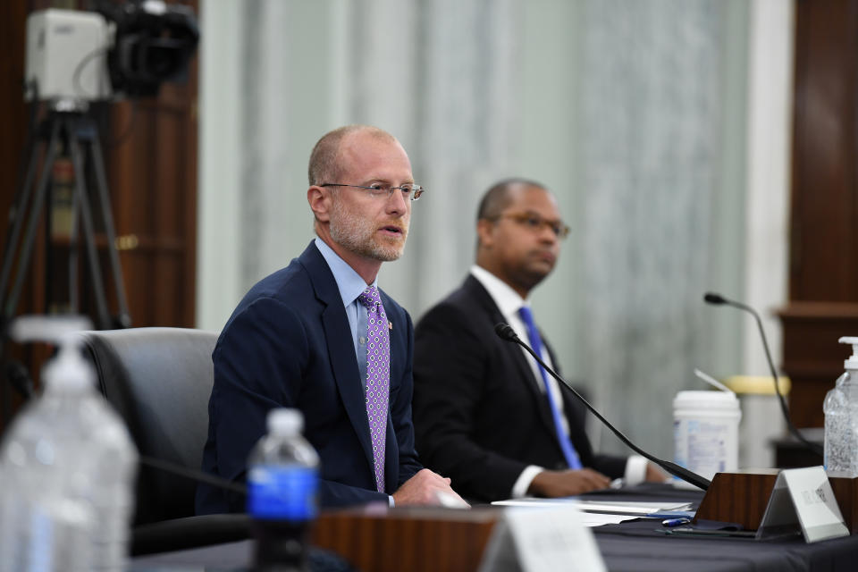 Brendan Carr answers questions during an oversight hearing held by the U.S. Senate Commerce, Science, and Transportation Committee for the Federal Communications Commission (FCC), in Washington, U.S. June 24, 2020.    Jonathan Newton/Pool via REUTERS