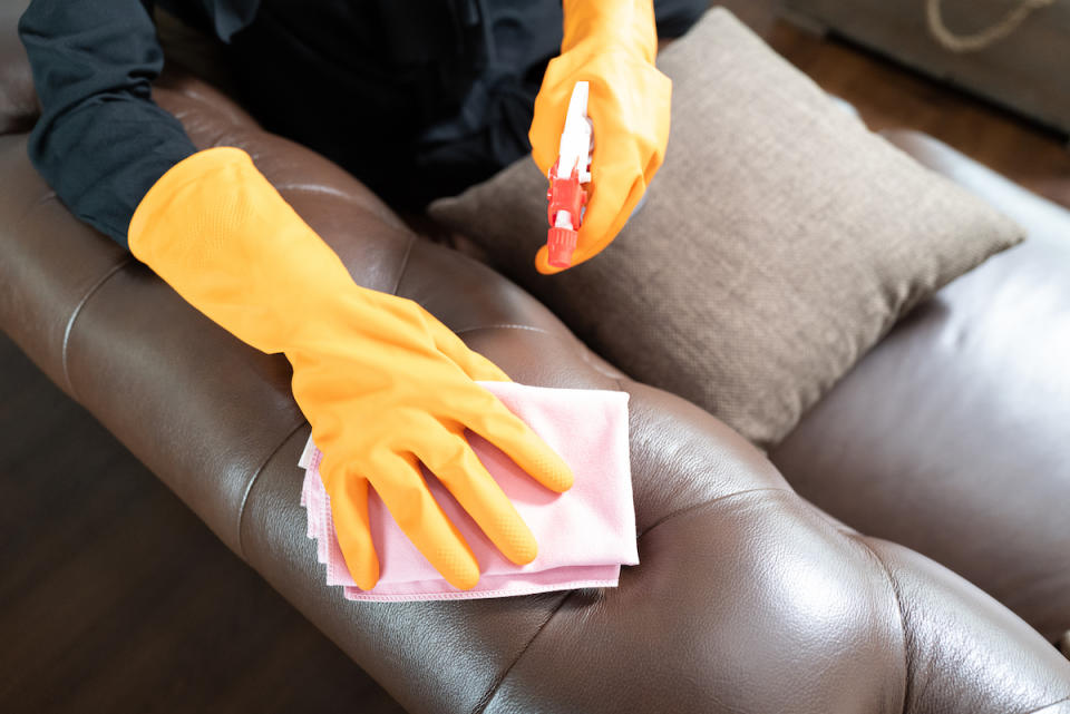 Hands cleaning leather couch