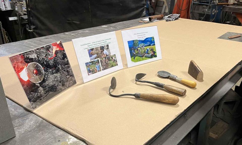 Some of the gardening tools made from recovered pistols and rifles during the annual Worcester gun buyback event Saturday.