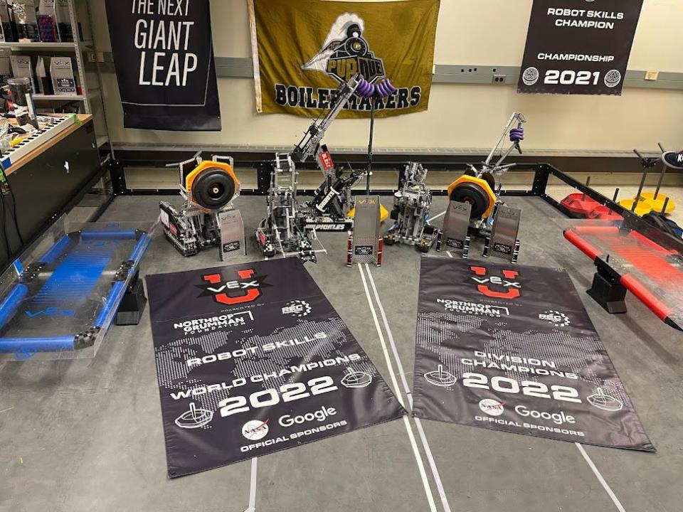 A few of the robots used in the 2021-2022 VEX robotics world championship by Purdue SIGBots.