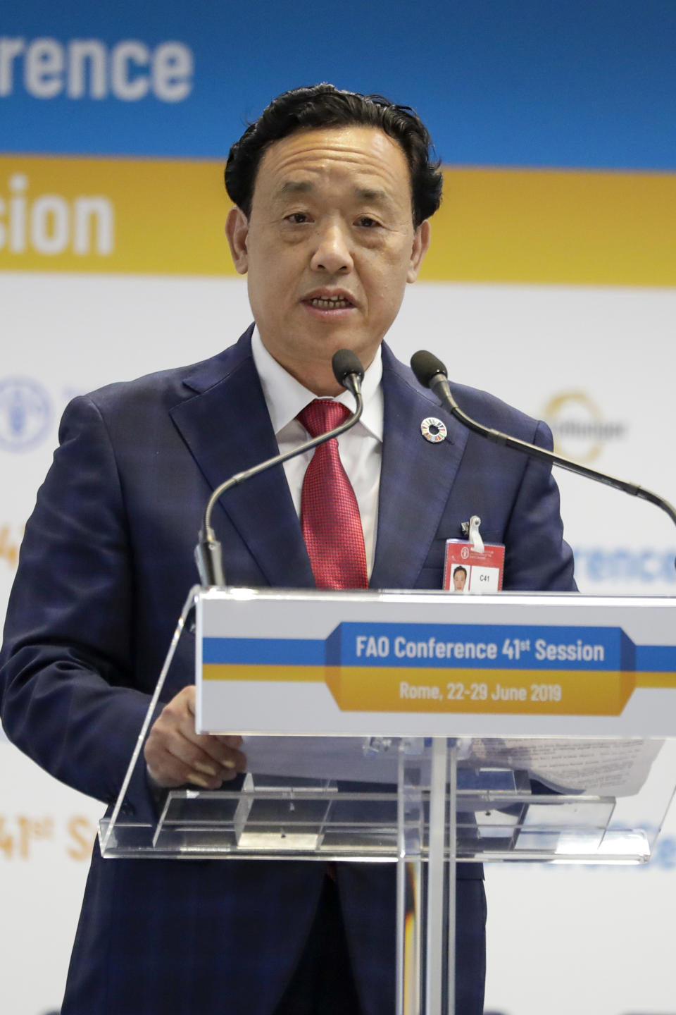 Qu Dongyu from China, one of the candidates for the Director-General position of the FAO (UN Food and Agriculture Organization), addresses a plenary meeting of the 41st Session of the Conference, at the FAO headquarters in Rome, Saturday, June 22, 2019. The new FAO Director-General will be voted on Sunday. (AP Photo/Andrew Medichini)