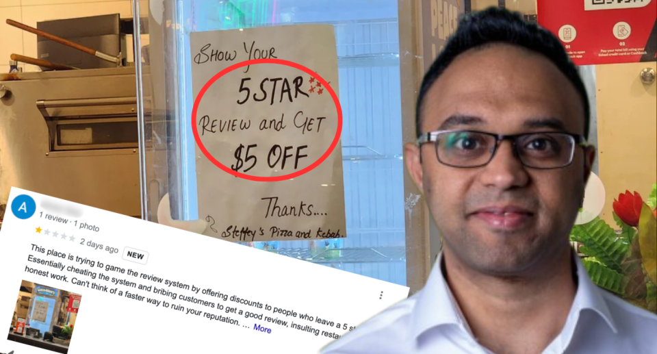 A Google review over the top of a sign offering a discount for a good review with Adam Nichani on the right.