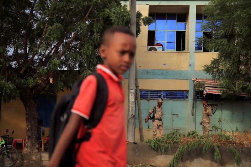 FILE PHOTO: Members of Amhara Special Forces stand guard along a street in Humera town