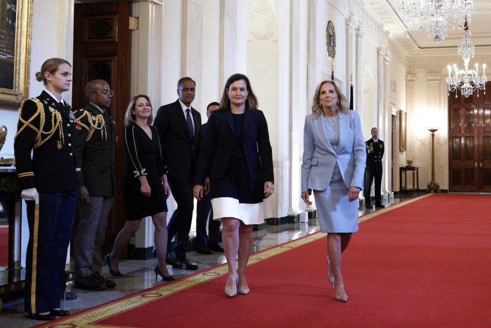 First lady Jill Biden arrives at an event on federal employment opportunities for military spouses in the East Room at the White House, Wednesday, Apr. 17, 2024, in Washington. (AP Photo/Yuri Gripas)