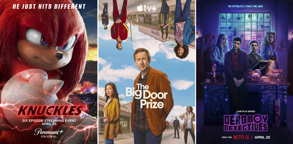 This combination of images shows promotional art for the Paramount+ series "Knuckles," the Apple TV+ series "The Big Door Prize," and the Netflix series "Dead Boy Detectives. (Paramount+/Apple TV+/Netflix via AP)