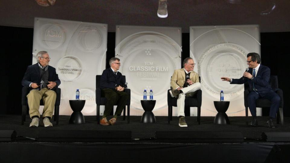 Steven Spielberg (left), Paul Thomas Anderson, Warner Bros. Discovery CEO David Zaslav and TCM host Ben Mankiewicz onstage during the opening night during the 2023 TCM Classic Film Festival / Getty Images