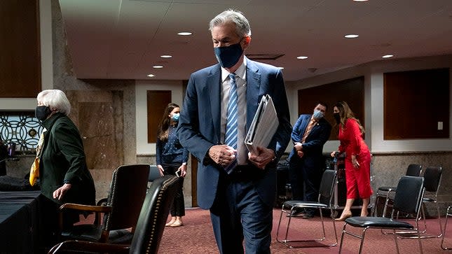 Federal Reserve Chairman Jerome Powell arrives for a Senate Banking, Housing, and Urban Affairs Committee hearing to discuss oversight of the Department of Treasury and Federal Reserve over the CARES Act on Tuesday, November 30, 2021.