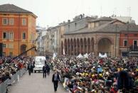 Pope Francis waves to the faithful from popemobile as he arrives to celebrate a Holy Mass in Carpi, Italy, April 2, 2017. REUTERS/Alessandro Garofalo