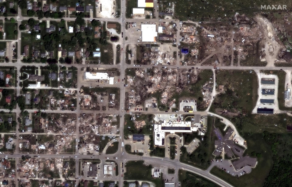 This Thursday, May 23, 2024 satellite image provided by Maxar Technologies shows destruction in Greenfield, Iowa after a Tuesday, May 21 tornado. (Maxar Technologies via AP) Satellite image ©2024 Maxar Technologies