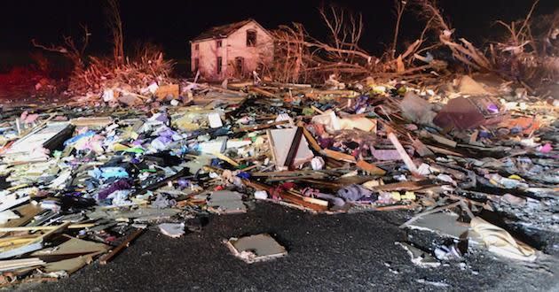 A tornado struck the small town of Fairdale Ill. the night of Thursday, April 9, 2015. (AP Photo/Daily Herald, Patrick Kunzer )