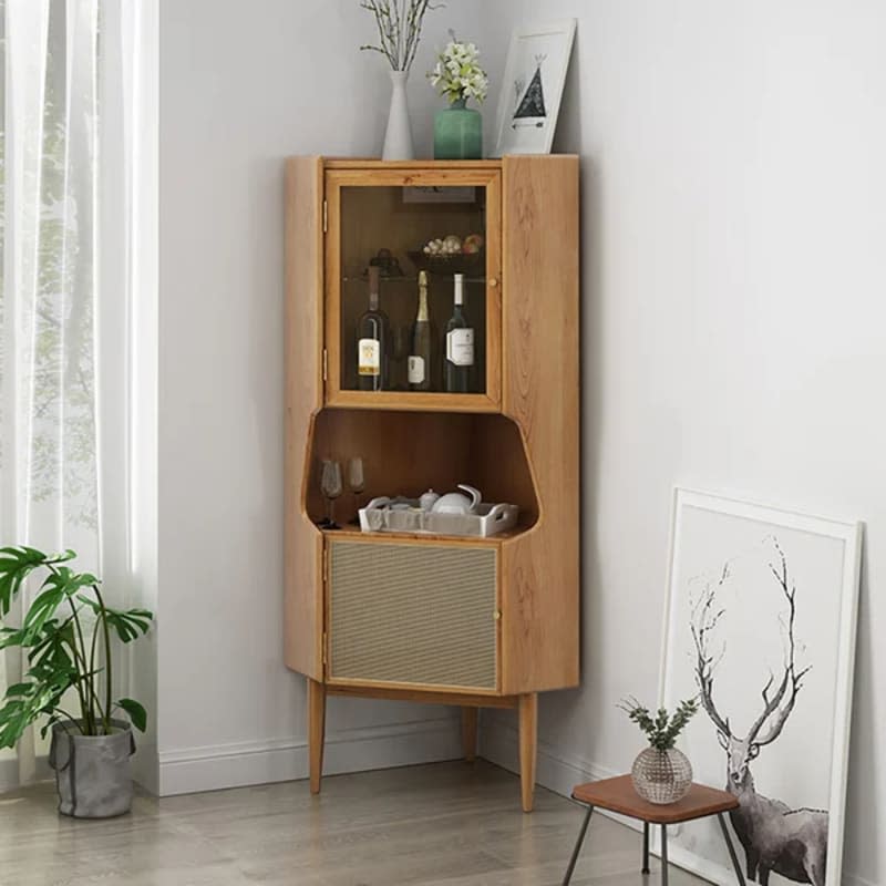 Natural Corner Cabinet 2-Door Bar Cabinet with Hutch & Shelf Rattan Woven