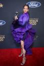 <p>In a purple ruffled Givenchy dress, strappy sandals, and a 38-carat amethyst diamond ring by <a href="https://kallati.com/" rel="nofollow noopener" target="_blank" data-ylk="slk:Kallati;elm:context_link;itc:0;sec:content-canvas" class="link ">Kallati</a>, while accepting the <a href="https://www.harpersbazaar.com/celebrity/latest/a30764700/rihanna-naacp-presidents-award/" rel="nofollow noopener" target="_blank" data-ylk="slk:NAACP President's Award;elm:context_link;itc:0;sec:content-canvas" class="link ">NAACP President's Award</a> at the 51st NAACP Image Awards in Pasadena, California.</p>
