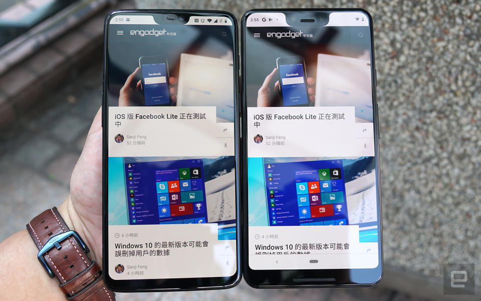 A OnePlus 6 next to the Google Pixel 3 XL.