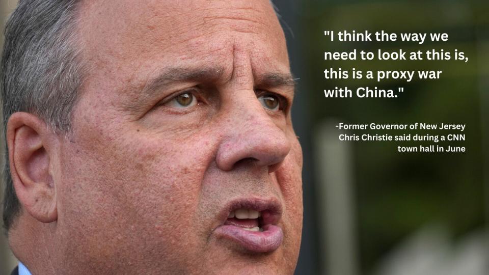 Republican presidential candidate former New Jersey Gov. Chris Christie speaks with reporters outside the Child Rights Protection Center in Kyiv, Ukraine, Friday, Aug. 4, 2023. (Efrem Lukatsky / AP)