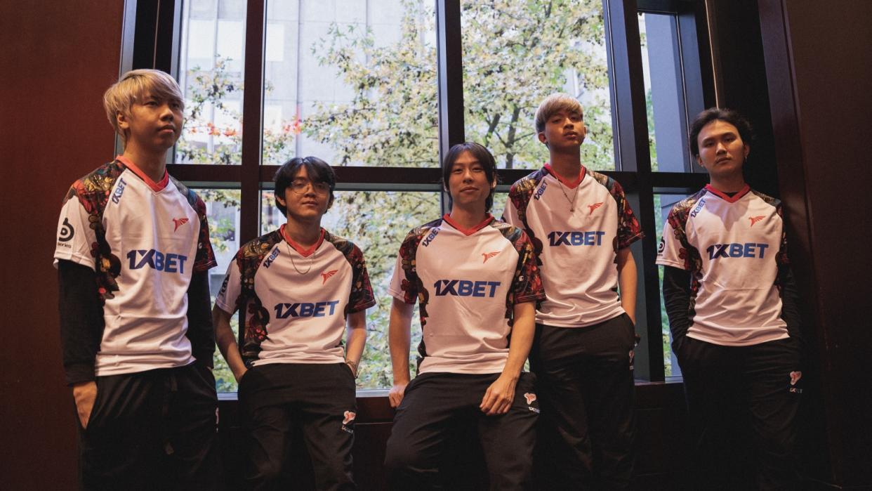 Southeast Asia's Talon Esports pulled off the biggest upset of The International 2023 so far as they defeated three-time Major champions Gaimin Gladiators to secure an upper bracket berth in the Playoffs. Pictured (from left to right): Talon Esports Q, Mikoto, Oli, 23savage, Jabz. (Photo: Talon Esports)